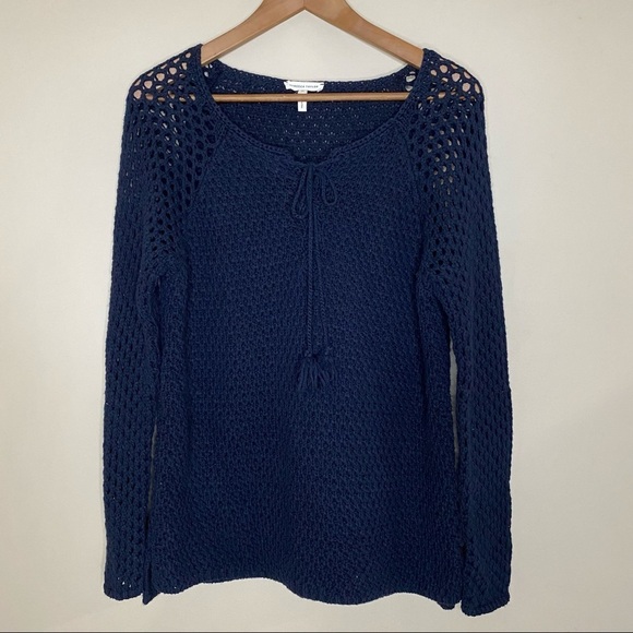 Rebecca Taylor Navy Blue Boho Beachy Open Knit Sweater with Tassels - Picture 1 of 15